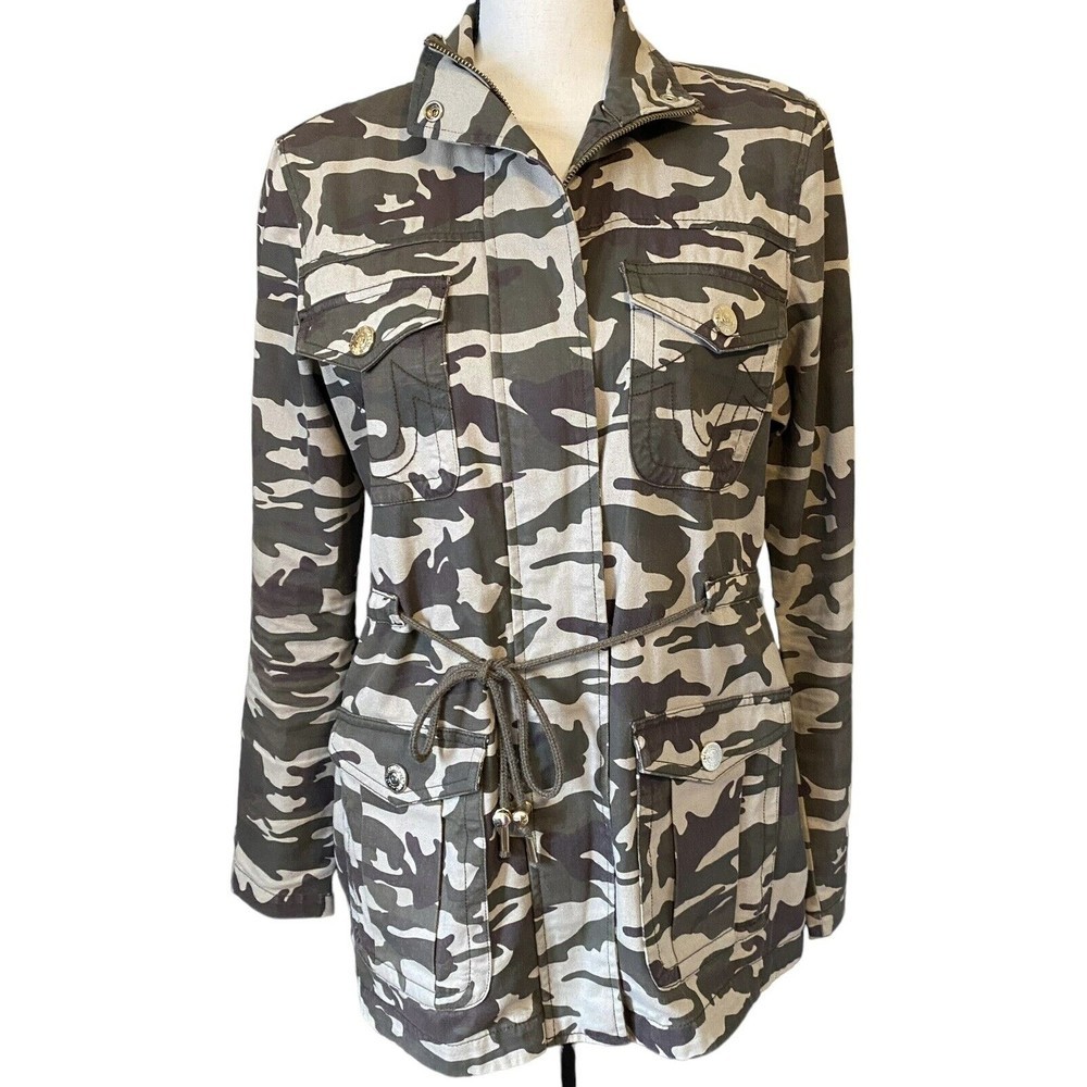 TRUE Religion Jacket Women's Size Small Olive Camo Military Camouflage Logo